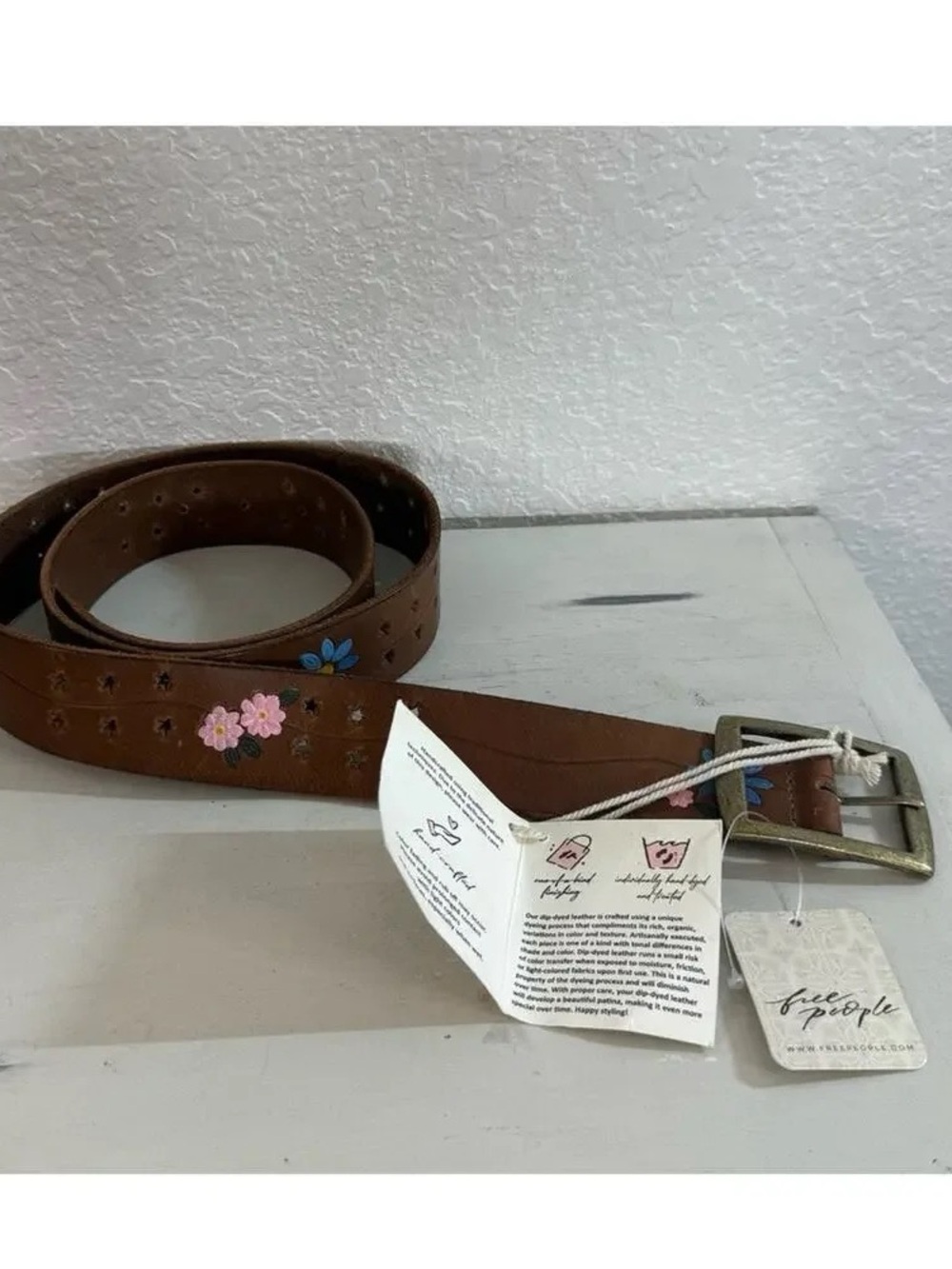 Free People Eye Candy Brown Leather Belt with Pink & Blue Floral Embroidery